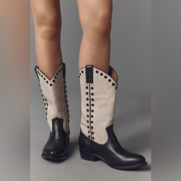 Frye NWT Black White Billy Pull On Studded Heeled Western Cowboy Boots (Size 9) - Picture 3 of 5